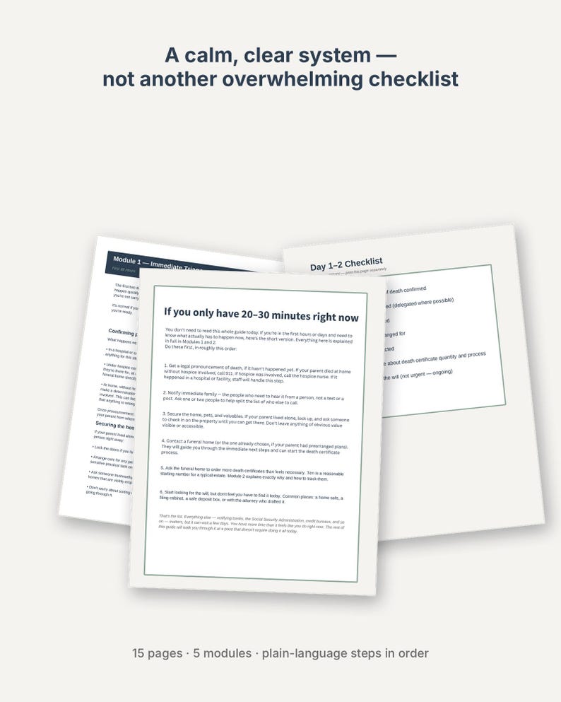 May include: A printed document set titled A calm, clear system &mdash; not another overwhelming checklist. The pages include Module 1 &mdash; Immediate Triggers, Day 1-2 Checklist, and a section titled If you only have 20-30 minutes right now with 15 pages.