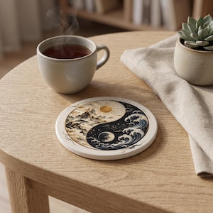 Yin-Yang-Untersetzer aus Keramik, Schreibtischdeko mit Sonne- und Mondmotiven, Zen-Wohnaccessoires