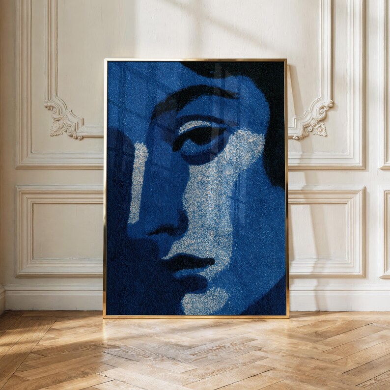 Abstract Face Poster, Blue Portrait Wall Art, Modern Expressionist ...