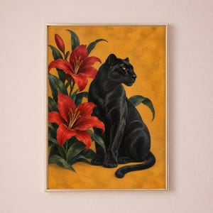 Wandbild „Schwarzer Panther“, botanischer Tierdruck „Rote Lilie“, maximalistische Dekoration in Ocker