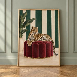 Leopard Ottoman Wall Art, Emerald Maximalist Animal Print, Eclectic Home Decor