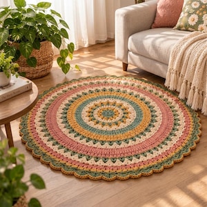 May include: A round crochet rug featuring a concentric mandala pattern in shades of dusty pink, mustard yellow, cream, and sage green. The rug has a textured surface with a scalloped edge and intricate stitch work throughout the circular design.