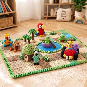 May include: A crocheted play mat featuring a checkered pattern in shades of brown and beige with a green border. The mat includes various crocheted figures: a red parrot, a tiger, a zebra, a turtle in a purple boat, a frog, and a red car.