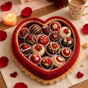 May include: A heart-shaped red crocheted box filled with various round crocheted items resembling decorated chocolates. Each item features intricate stitching, including floral patterns, hearts, and swirls in red, white, and brown yarn, all nestled in individual white paper liners.
