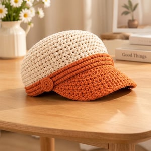 Op de afbeelding: Een tweekleurige gehaakte pet met een crèmekleurige kroon en een feloranje klep. De hoed is voorzien van een horizontale oranje band en een klein, rond gehaakt knoopdetail aan de zijkant, met een opvallend gestructureerd haakpatroon.