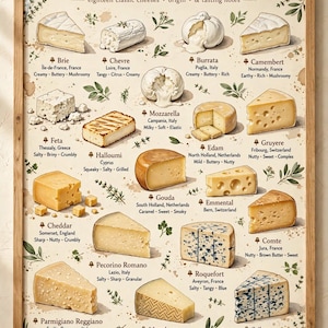 Op de afbeelding: Een ingelijste educatieve poster getiteld Know Your Cheeses, met achttien geïllustreerde kaassoorten met hun oorsprong en proefnotities. De print bevat gedetailleerde aquareltekeningen van kazen zoals Brie, Feta en Roquefort, gerangschikt met botanische accenten op een lichtcrèmekleurige achtergrond.