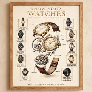 Może przedstawiać: Oprawiony plakat edukacyjny zatytułowany KNOW YOUR WATCHES, przedstawiający widok rozstrzelony zegarka mechanicznego z oznaczonymi częściami, takimi jak koperta, bezel, tarcza, koronka, uszy i mechanizm, otoczony ilustracjami różnych typów zegarków.