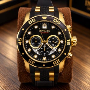 May include: An Invicta chronograph watch featuring a black dial with gold-tone accents, luminous markers, and three sub-dials. The watch has a gold-tone stainless steel case and a black silicone strap with gold-tone metal inserts and a textured pattern.