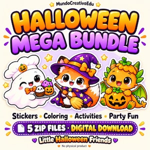 Puede incluir: Un gráfico digital Halloween Mega Bundle con un fantasma chef, un zorro brujo y un dragón con una calabaza. El texto incluye "HALLOWEEN MEGA BUNDLE", "Stickers, Coloring, Activities, Party Fun", "5 ZIP FILES" y "Little Halloween Friends".
