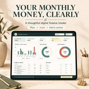 Può includere: Un tracker finanziario digitale visualizzato su uno schermo di tablet con il testo YOUR MONTHLY MONEY, CLEARLY. L'interfaccia presenta una panoramica mensile, grafici a barre per il flusso di cassa, grafici ad anello e un tracker di budget e bollette.