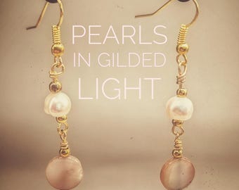 Mother of Pearl and Freshwater Pearl Gold-Tone Dangle Earrings, One-of-a-Kind