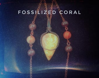 Fossilized Coral Necklace with Garnet, Copper and Salvaged Stone
