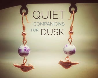 Copper Bird Earrings with Purple Porcelain Beads, Whimsical Woodland Dangles