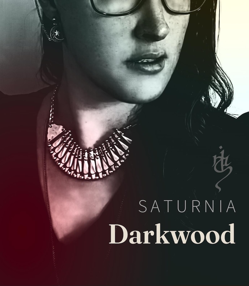 May include: A silver-toned statement necklace featuring a series of vertical, textured metal plates arranged in a curved, collar-like design. The text SATURNIA Darkwood is printed in the lower right corner alongside a small, stylized logo.