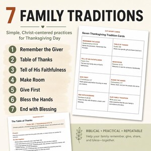 May include: A printable guide titled 7 Family Traditions featuring seven Christ-centered practices for Thanksgiving Day. The document includes a numbered list of activities, a sheet of cut-apart cards with scripture references, and a detailed instruction page.