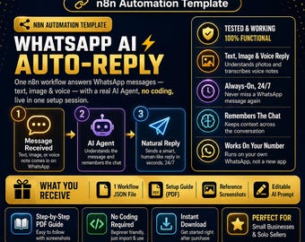 WhatsApp AI Chatbot & Auto-Reply Bot | Text, Image and Voice Message Auto-Replies 24/7 | No Code n8n Workflow Template (Instant Download)