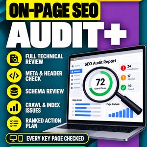 Peut inclure: Un graphique numérique pour un service d'audit SEO sur page montrant un ordinateur portable avec un rapport d'audit SEO affichant un score de 72. Le texte inclut ON-PAGE SEO AUDIT+, 1-2 DAY DELIVERY et une liste de services techniques.