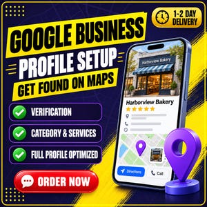 May include: A digital graphic advertising Google Business Profile setup services. The image features a smartphone displaying a business profile for Harborview Bakery, a purple map pin, and text including GOOGLE BUSINESS PROFILE SETUP GET FOUND ON MAPS.