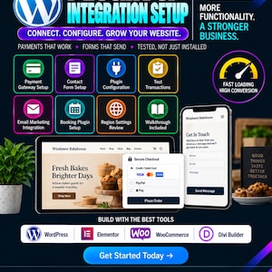 May include: A digital advertisement for WordPress plugin and integration setup services. The graphic features icons for payment gateways, contact forms, and booking plugins, alongside a tablet and smartphone displaying a bakery website interface.