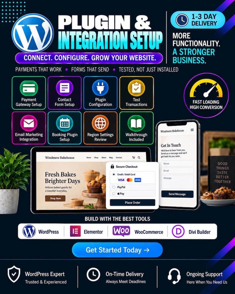 May include: A digital advertisement for WordPress plugin and integration setup services. The graphic features icons for payment gateways, contact forms, and booking plugins, alongside a tablet and smartphone displaying a bakery website interface.