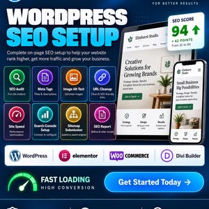 May include: A digital graphic for WordPress SEO setup services featuring a tablet and smartphone displaying a website. Text includes WordPress SEO Setup, 1-3 Day Delivery, SEO Score 94, and icons for SEO audit, meta tags, and site speed.