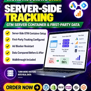 Op de afbeelding: Een digitale afbeelding die server-side trackingdiensten voor GTM-servercontainers promoot. De afbeelding toont een laptop met een datastroomdiagram, een lijst met vijf servicevoordelen en logo's voor WordPress, Shopify, Wix, WooCommerce, Squarespace en Magento.
