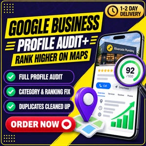 May include: A digital graphic promoting a Google Business Profile audit service. It features a smartphone displaying a business profile, a purple location pin, a magnifying glass showing a 92/100 score, and text including "Google Business Profile Audit" and "Order Now."