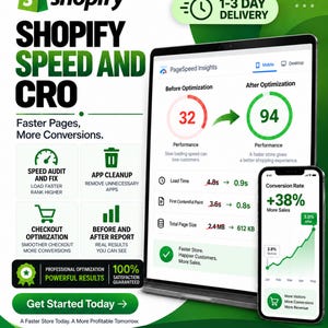 May include: A digital marketing graphic for Shopify Speed and CRO services. It displays a laptop and smartphone showing PageSpeed Insights performance improvements from 32 to 94, load time reduction from 4.8s to 0.9s, and a 38% conversion rate increase.