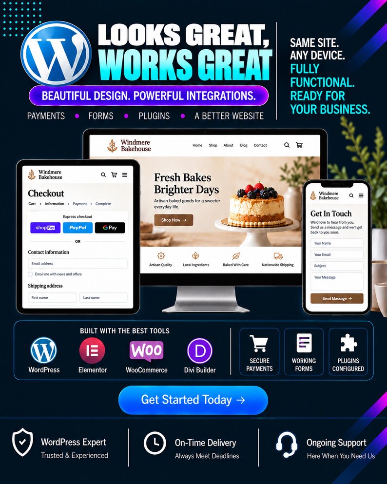 May include: A digital marketing graphic for WordPress web design services featuring a desktop monitor, tablet, and smartphone displaying a bakery website. Text includes "LOOKS GREAT, WORKS GREAT," "BUILT WITH THE BEST TOOLS," and "Get Started Today."