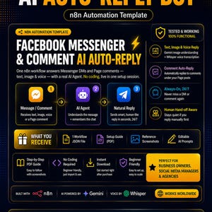 May include: An n8n automation template for Facebook Messenger and comment AI auto-reply. The graphic features a dark background with gold text and icons, detailing a workflow that processes text, image, and voice inputs to provide automated replies.