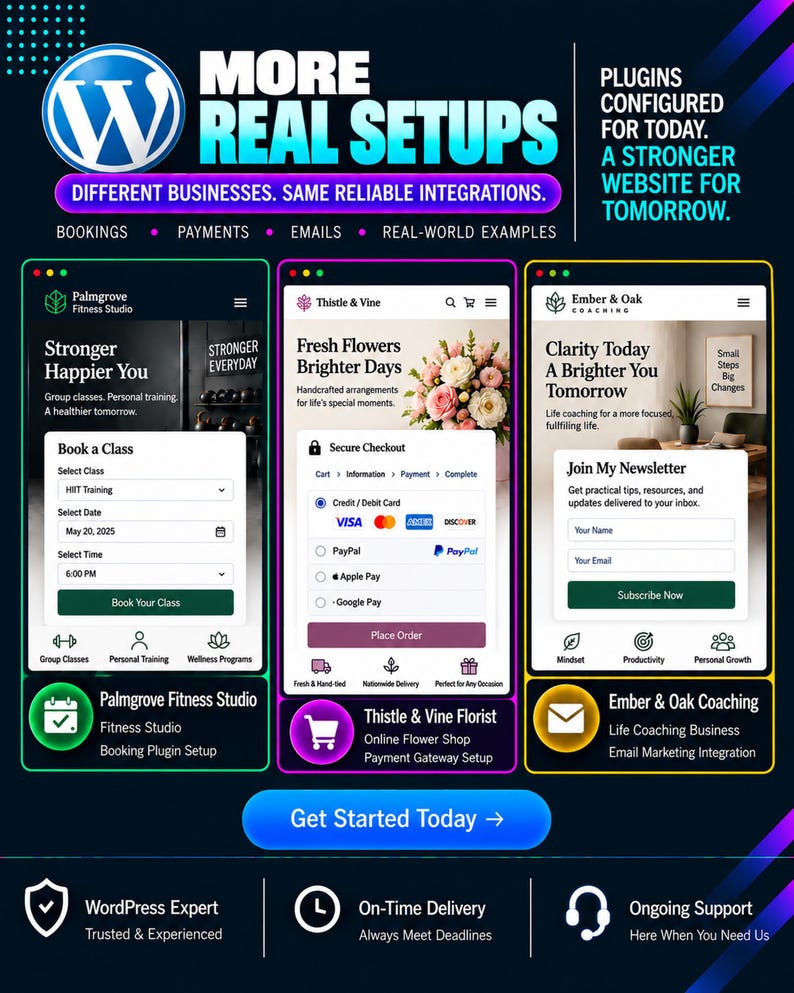 May include: A digital infographic titled More Real Setups featuring the WordPress logo and three mobile website interface examples for a fitness studio, a florist, and a life coach, highlighting booking, payment, and email marketing integrations.