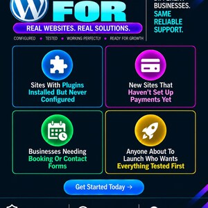 May include: A dark blue graphic advertisement featuring the WordPress logo and the text PERFECT FOR REAL WEBSITES. REAL SOLUTIONS. It includes four sections with icons for plugins, payments, booking forms, and launch testing, plus footer service icons.
