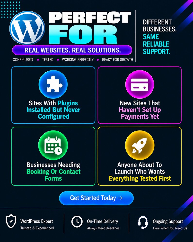 May include: A dark blue graphic advertisement featuring the WordPress logo and the text PERFECT FOR REAL WEBSITES. REAL SOLUTIONS. It includes four sections with icons for plugins, payments, booking forms, and launch testing, plus footer service icons.