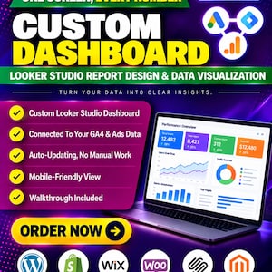 May include: A digital marketing advertisement featuring a laptop displaying a performance overview dashboard. Text includes ONE SCREEN, EVERY NUMBER, CUSTOM DASHBOARD, LOOKER STUDIO REPORT DESIGN & DATA VISUALIZATION, and various platform logos.