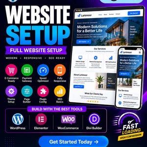 May include: A digital advertisement for WordPress website setup services featuring a laptop and smartphone displaying a business website. The graphic includes icons for e-commerce, payment gateways, and SEO, along with logos for WordPress, Elementor, WooCommerce, and Divi Builder.