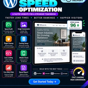 Könnte beinhalten: Eine digitale Infografik für WordPress-Geschwindigkeitsoptimierungsdienste. Sie zeigt ein Tablet und ein Smartphone mit einer Website, einen Geschwindigkeitswert von 96 sowie eine Liste von Diensten wie Geschwindigkeitsaudit und Caching-Setup.
