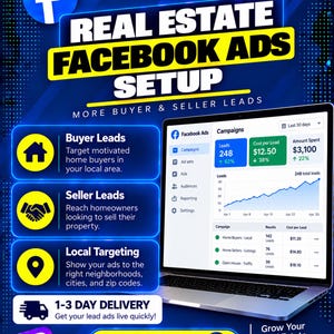 Può includere: Una grafica di marketing digitale per la configurazione di annunci Facebook immobiliari con un portatile che mostra una dashboard di campagna con metriche sui lead, insieme a riquadri di testo su lead acquirenti, venditori, targeting locale e consegna in 1-3 giorni.