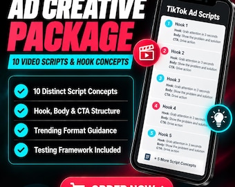 TikTok Ad Creative Package | 10 Video Scripts, Hook Concepts, Native-Style Ad Ideas for TikTok Campaigns (Digital Service)