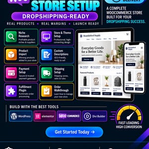 Könnte beinhalten: Eine digitale Infografik für WooCommerce-Shop-Einrichtungsdienste. Sie zeigt ein Tablet und ein Smartphone mit einer Website, Symbole für Nischenrecherche, Produktimport, Zahlungsabwicklung, Versand und Auftragsabwicklung sowie eine Geschwindigkeitsanzeige.