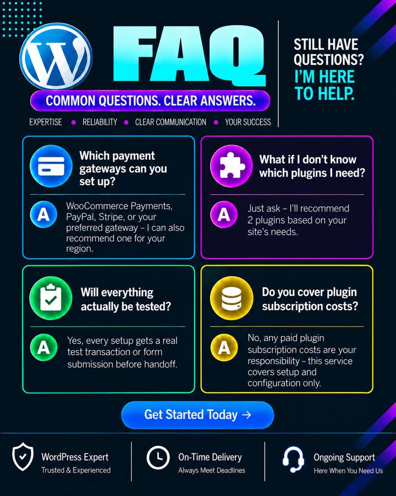 May include: A dark-themed FAQ infographic for WordPress services featuring a blue logo, neon-colored boxes, and text addressing payment gateways, plugin recommendations, testing procedures, and subscription costs, with a Get Started Today button.