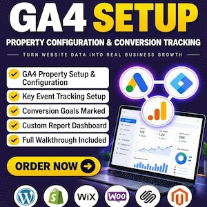 Peut inclure: Un graphique de service numérique pour la configuration de GA4. Le texte indique GA4 SETUP, PROPERTY CONFIGURATION & CONVERSION TRACKING, et liste des fonctionnalités comme le suivi des événements et des tableaux de bord personnalisés.