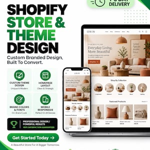 May include: A digital advertisement for Shopify store and theme design services. The graphic features a laptop and smartphone displaying a home decor website, with text detailing custom theme design, homepage layout, brand colours, and mobile responsiveness.