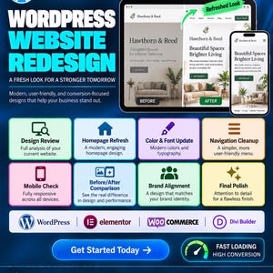 May include: A WordPress website redesign service advertisement featuring a tablet and smartphone displaying a before and after interior design website layout. The graphic includes text detailing design review, homepage refresh, font updates, and navigation cleanup.
