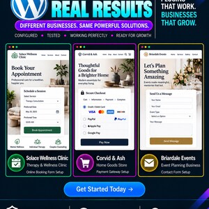 May include: A digital marketing graphic featuring three website interface examples: Solace Wellness Clinic with a booking form, Corvid & Ash with a secure checkout, and Briardale Events with a contact form. Text includes Real Setups, Real Results.
