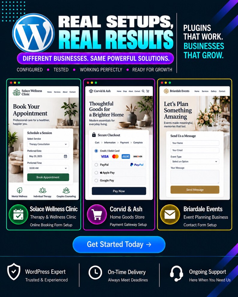 May include: A digital marketing graphic featuring three website interface examples: Solace Wellness Clinic with a booking form, Corvid & Ash with a secure checkout, and Briardale Events with a contact form. Text includes Real Setups, Real Results.