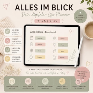 Könnte beinhalten: Ein digitaler Lebensplaner für 2026 und 2027 auf einem Tablet-Bildschirm. Das Dashboard enthält Navigationsschaltflächen für Jahr, Monate, Wochen, Heute, Ziele, Leben, Finanzen und Notizen. Ein weißer Eingabestift liegt neben dem Tablet-Bildschirm.