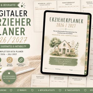 Könnte beinhalten: Ein digitaler Erzieherplaner 2026/2027 auf einem Tablet-Bildschirm. Das Cover zeigt eine Aquarellillustration eines Hauses, Bäumen und deutschem Text. Die Benutzeroberfläche enthält nummerierte Seitenregister und verschiedene Planungsseiten-Layouts im Hintergrund für Goodnotes und Notability.