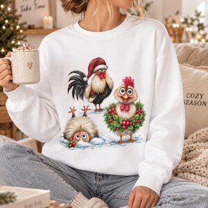 Weihnachtspullover Hühner Damen | Lustiger Hühner Pullover Weihnachten | Hahn & Henne Sweatshirt | Geschenk für Hühnerfans