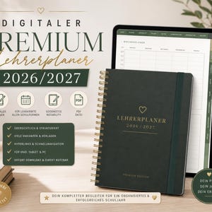 Könnte beinhalten: Ein dunkelgrüner, spiralgebundener Lehrerplaner für 2026/2027 mit goldener Schrift und passendem Gummiband. Der Planer wird neben einem Tablet mit digitalem Wochenplan, einem Eingabestift und verschiedenen deutschen Textbeschriftungen gezeigt.