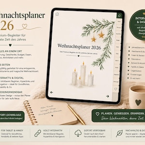 Könnte beinhalten: Ein digitaler Weihnachtsplaner 2026 auf einem Tablet-Bildschirm mit einem festlichen Cover, das vier brennende Kerzen und Tannenzweige zeigt. Die Benutzeroberfläche enthält interaktive Registerkarten für Planung, Geschenke, Budget und Aktivitäten.